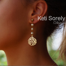Natural White Pearl Earrings with Monogrammed Initials - Yellow, Rose or White Gold over Sterling Silver