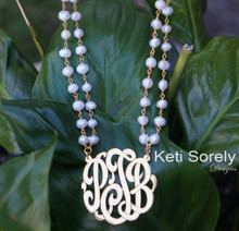 Pearl Necklace with Initials - Gold In  Available in Turquoise, Ruby, and Rose Quartz