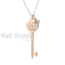 Heart & Key Pendant with Hand engraved Initials - Rose Gold