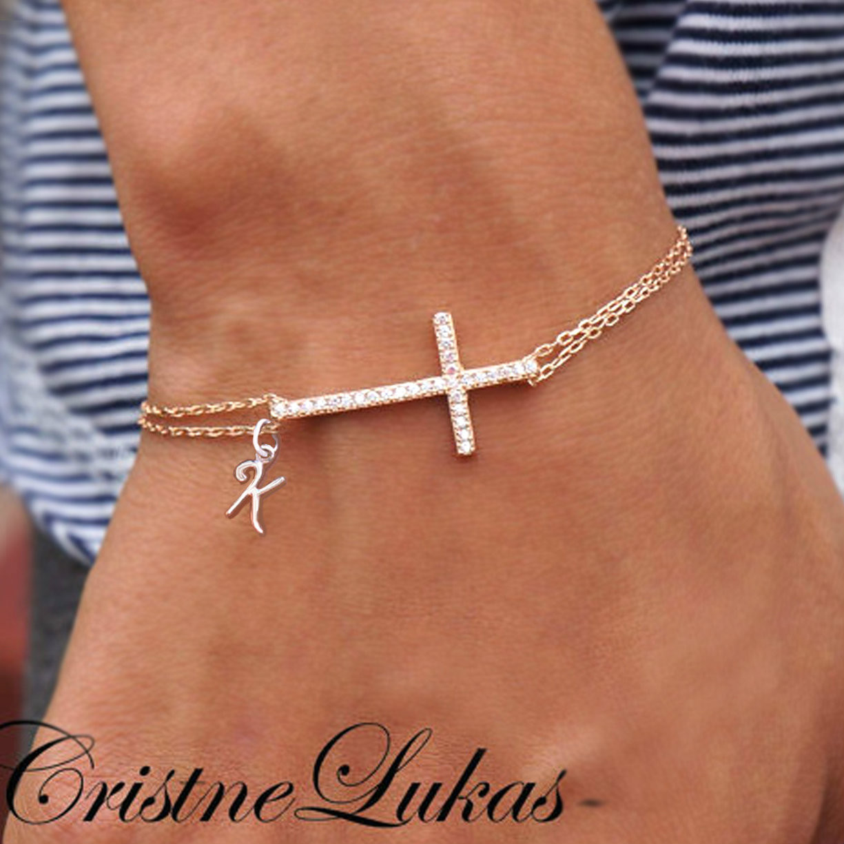 Personalized sideways cross bracelet with Cubic Zirconia stones ...