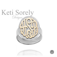 Two Tone Silver Ring With Karat Gold Monogrammed Initials  