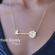 Small Sideways Key Necklace With Monogrammed Initials - Choose Your Metal