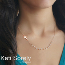 Beaded Pearl Necklace with  Sideways Cross - Sterling Silver, Yellow Gold or Rose Gold