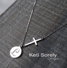 Hand Engraved Disc Necklace with Sideways Cross - Choose Your Metal