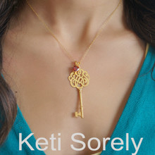 Red Ruby & Key Pendant With Initials - Yellow Gold