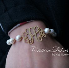White Pearl Bracelet with Monogrammed Charm - Yellow Gold