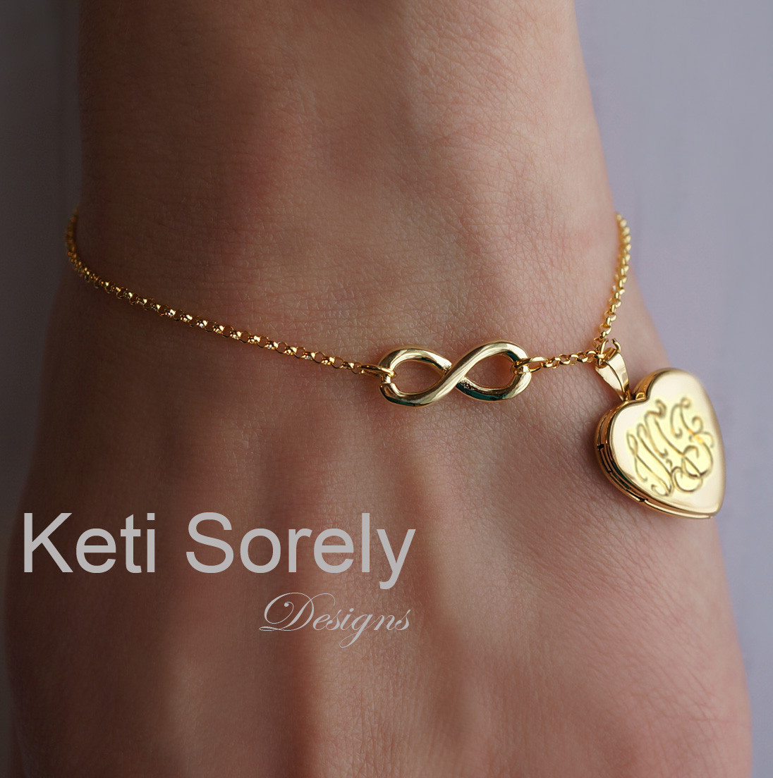 Infinity bracelet with engraved initials heart locket charm from 10K ...
