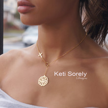 Sideways Cross Lariat Necklace With Monogram Initials - Choose Your Metal