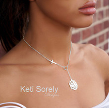 Sideways Cross Lariat Necklace With Monogram Initials - Choose Your Metal