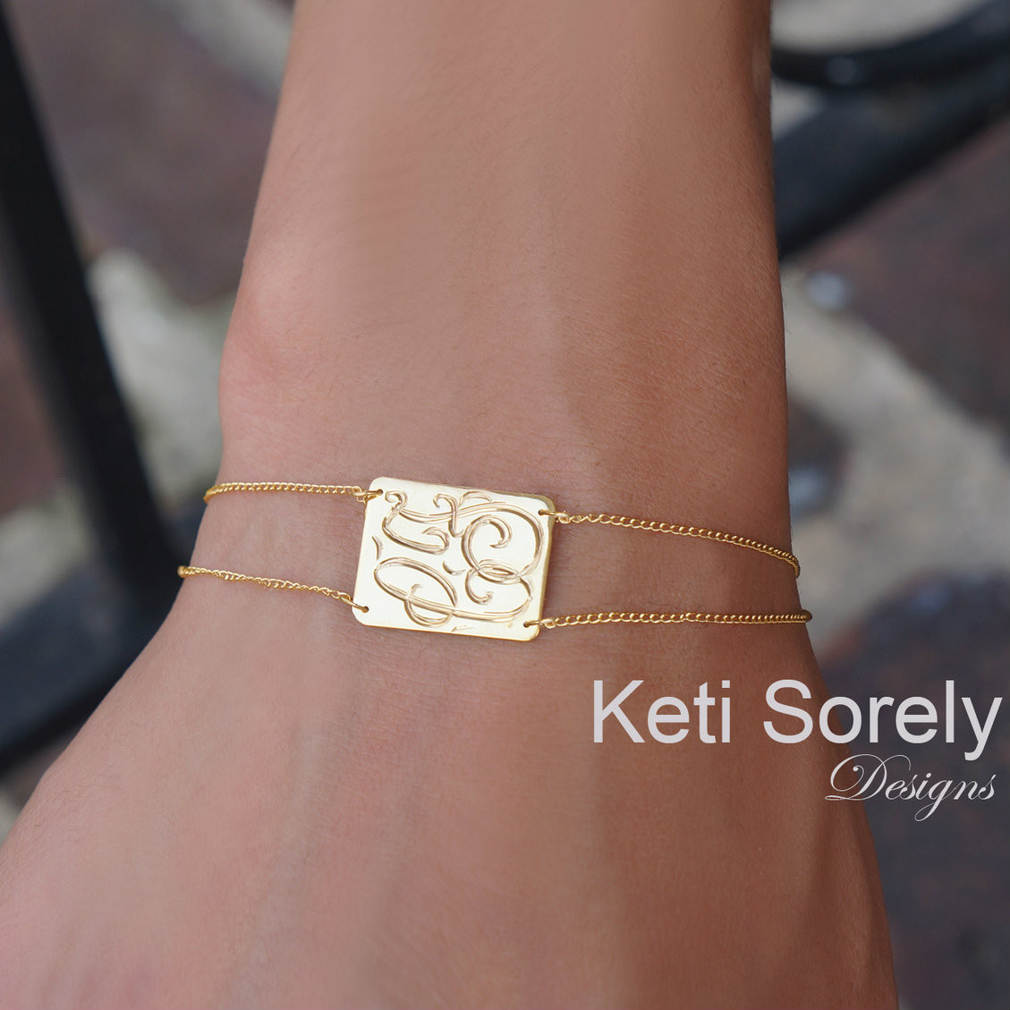 Hand Engraved Bracelet or Anklet with Rectangle Monogram Charm & Double  Chain - Choose Metal - Keti Sorely Designs