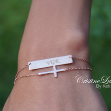 Hand Engraved Layered Bar Bracelet with Sideways Cross - Choose Your Metal