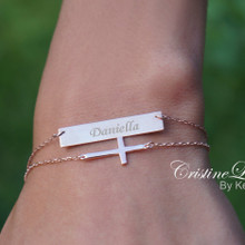 layered Bar Bracelet With Sideways Cross - Engrave Name, Date or Word - Choose Your Metal