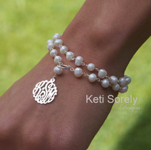 Double Stand Fresh Water Pearl Bracelet with Monogrammed Initials -Silver
