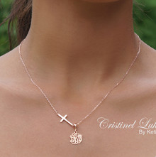 Sideways Cross Necklace with Monogram Initials Charm - Sterling Silver or Solid Karat Gold