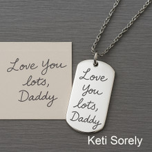 Handwriting Message  Pendant For Man With Figaro Chain - Sterling Silver or Yellow Gold