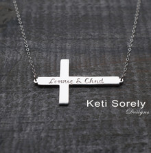 Engraved Sideways Cross Necklace With Signature, Name or Date - Choose MEtal