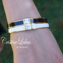50% OFF - Two Tone Bangle Set With Large CZ Stone - Black & White With Gold