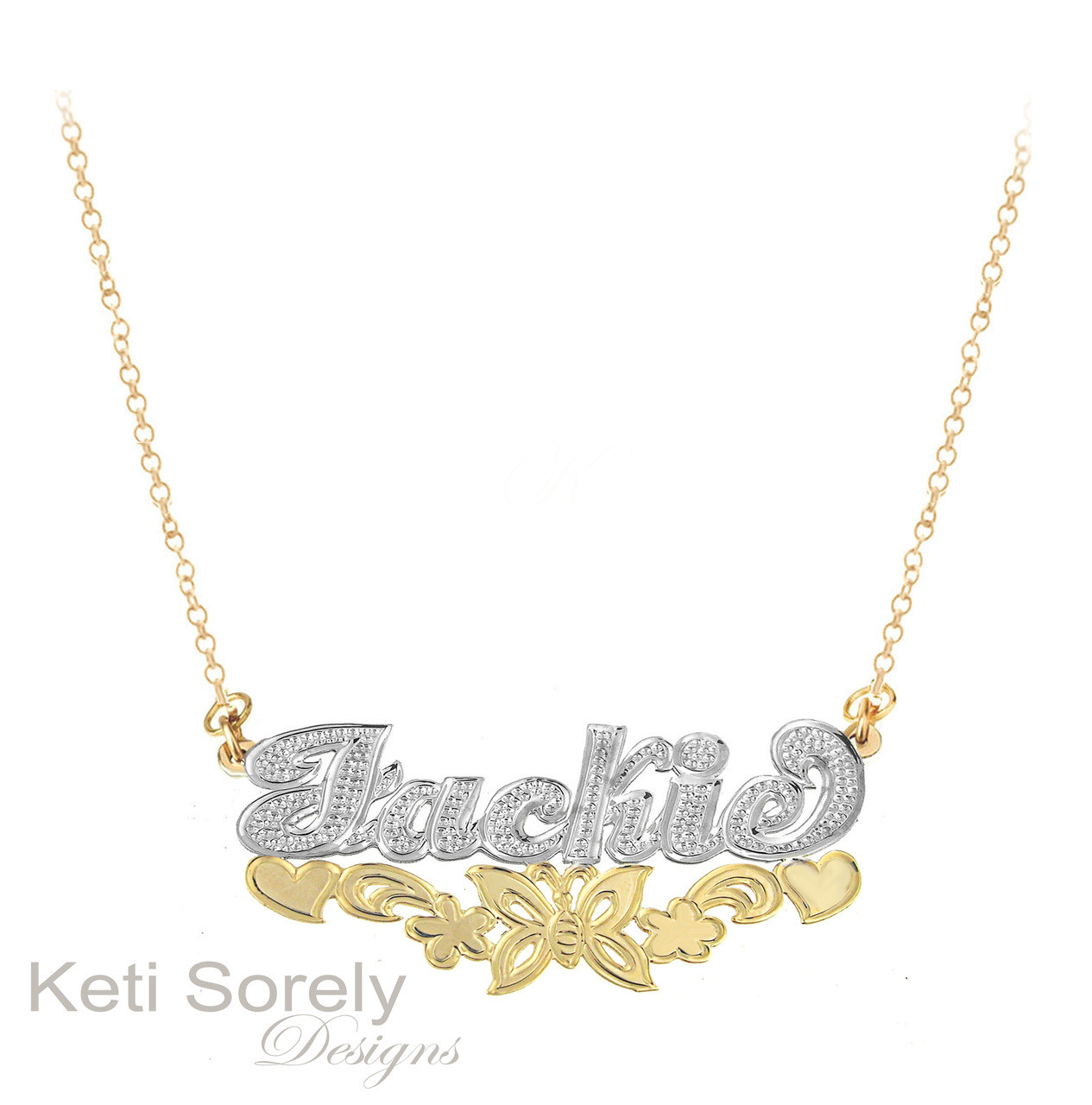 Personalized name necklace with diamond beading and butterfly
