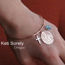Hand Engraved Monogram Disc Bangle with Cross & Birthstone- Choose Your Metal