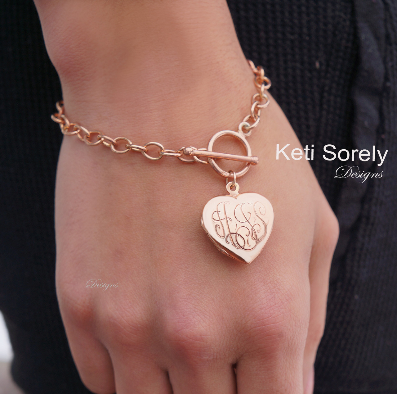 Personalized locket bracelet with hand engraved monogram initials