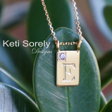 Hand engraved Rectangle Charm Necklace with Birthstone -Choose Your Metal
