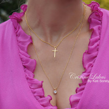 Layered Cross Necklace with Round CZ Stone Charm - Choose Your Metal