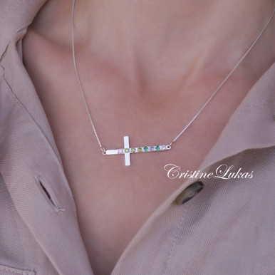 family birthstone cross necklace