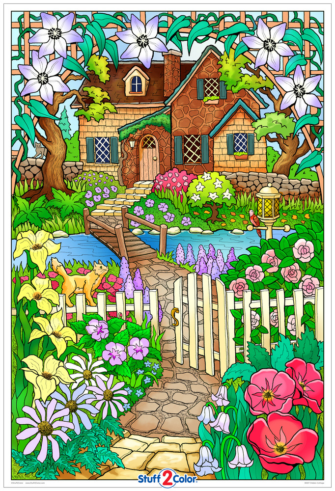 Beautiful and charming. This giant coloring poster is yours to bring to life. What colors will you select for your Hidden Cottage? This oversized arts and crafts activity is perfect for kids and adults. Share your indoor quiet time with a friend or color this design all to yourself.