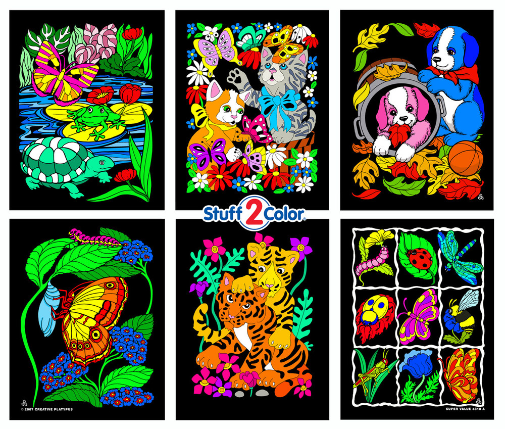 Stuff2Color Puppies Pond Kittens Butterfly Tiger Insect - 6 Fuzzy Velvet Coloring Posters