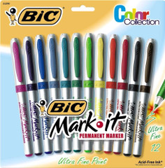 BIC Mark-It Permanent Color Markers, Ultra Fine Point, Assorted, 12 Markers