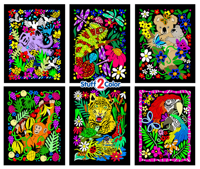 Love animals? Ready for a coloring safari? This pack of 6 fuzzy coloring posters is ready for lots of color. It's got elephants, monkeys, koalas, and a lot more. 