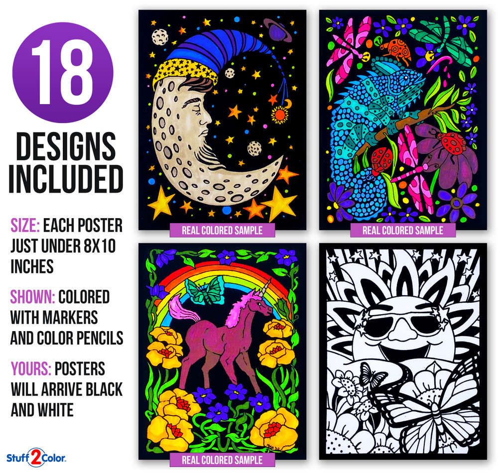 Super 18 Pack of Fuzzy Velvet Coloring Posters (Artistic Edition)