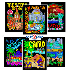 International Cities - Fuzzy Coloring Poster 6 Pack