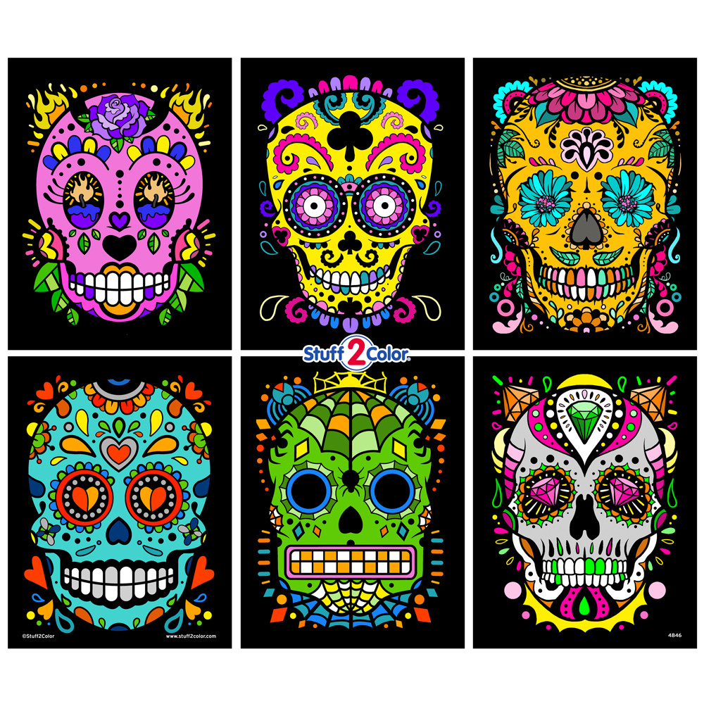 4 pictures Velvet colouring cards 2 x 10 Fibre art pens Pack S  Sugar skull + 