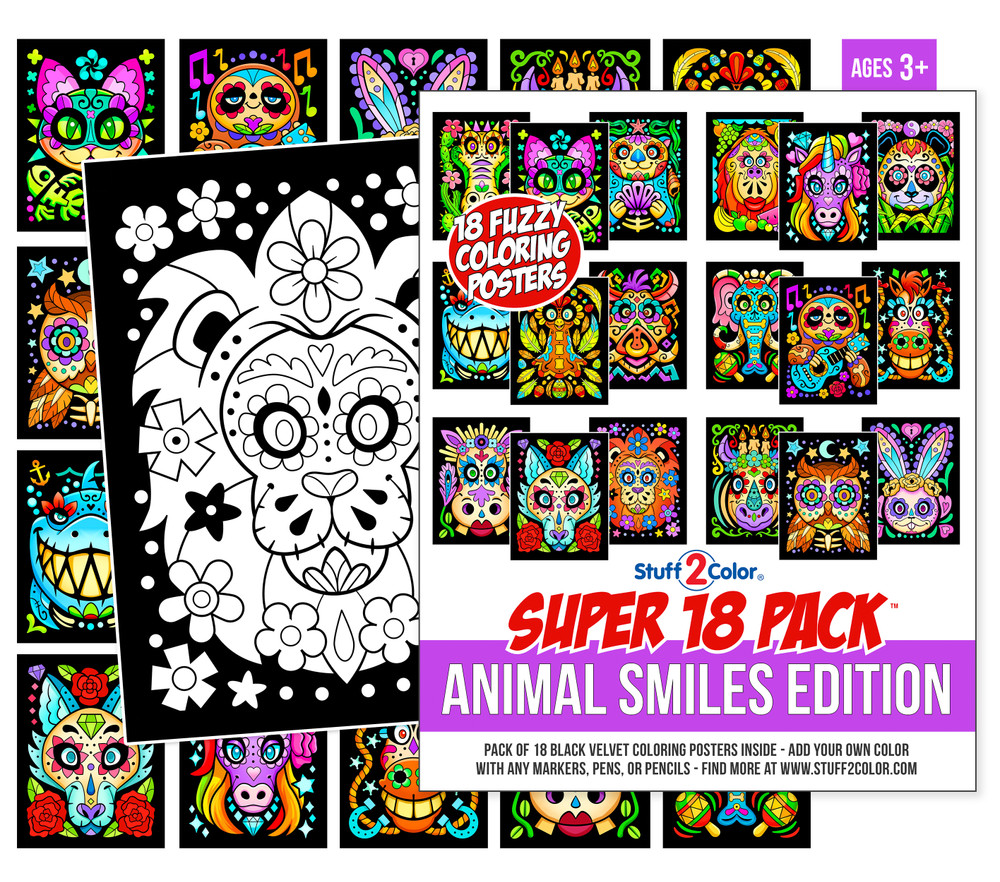 Stuff2Color Super Pack of 18 Fuzzy Velvet Coloring Posters (Animal Smiles) - Arts & Crafts for Girls and Boys - Great for After School, Travel, Planes