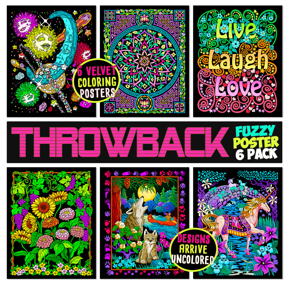 Throwback Pack of 6 Retro Velvet Coloring Posters - Classic Designs for All  Ages