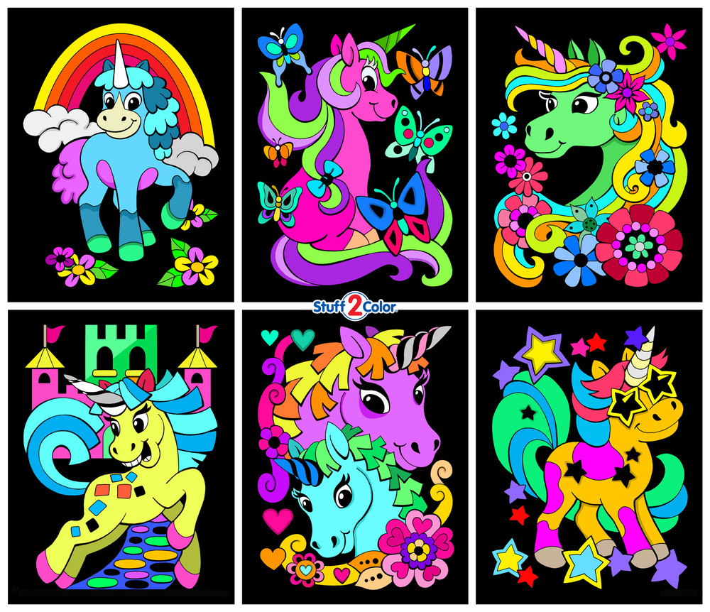 Unicorns - 6 Pack of Fuzzy Velvet Coloring Posters for Kids and Adults -  Stuff2Color