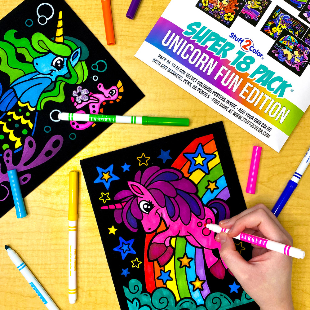Super Pack of 18 Fuzzy Velvet Coloring Posters (Unicorn Fun Edition) - Stuff2Color, Black
