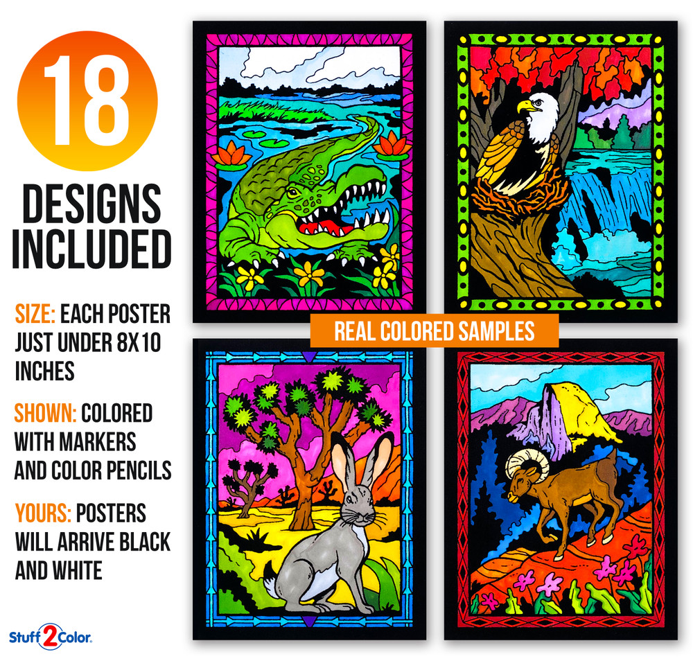 Super 18 Pack of Fuzzy Velvet Coloring Posters (National Parks Edition)