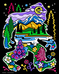Bigfoot Wild fuzzy velvet coloring poster — Sasquatch silhouette filled with mountains, pine forest, lake, crescent moon and wildflowers