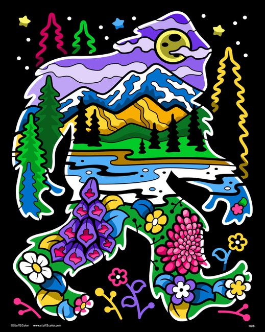 Bigfoot Wild fuzzy velvet coloring poster — Sasquatch silhouette filled with mountains, pine forest, lake, crescent moon and wildflowers
