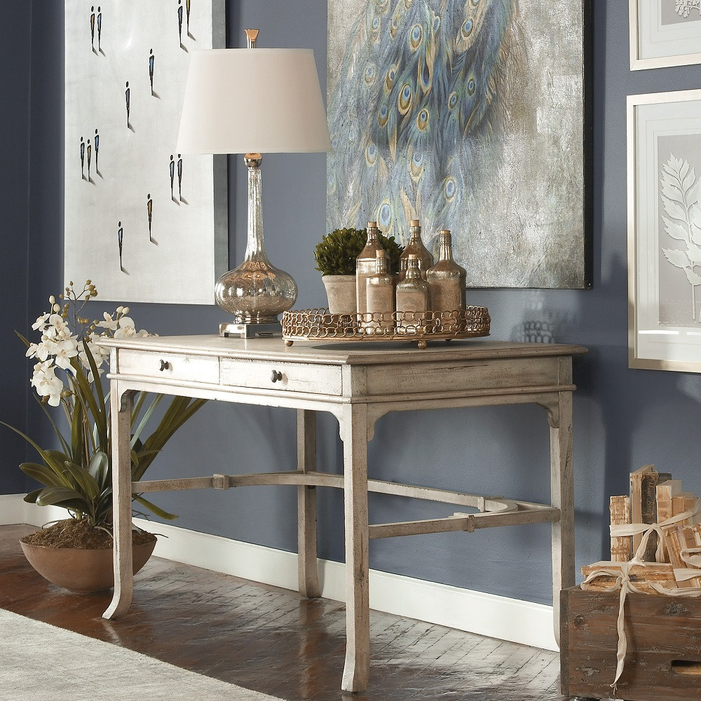 Antiqued White Bridgely Rustic Wood Vintage Writing Desk Zin Home