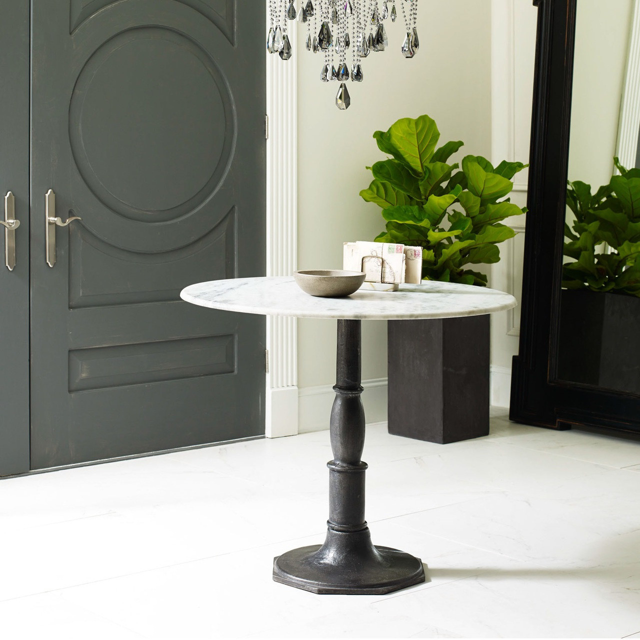 French Industrial White Marble Top Round  Bistro  Table 