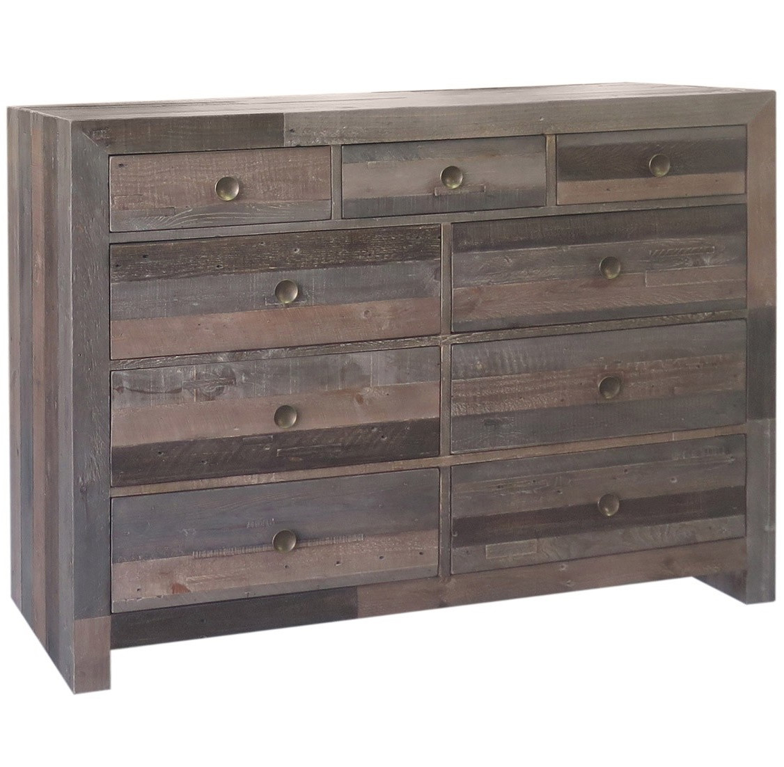 Angora Storm Reclaimed Wood 9 Drawer Dresser | Zin Home Two wide drawers and four smaller ones beneath the top.