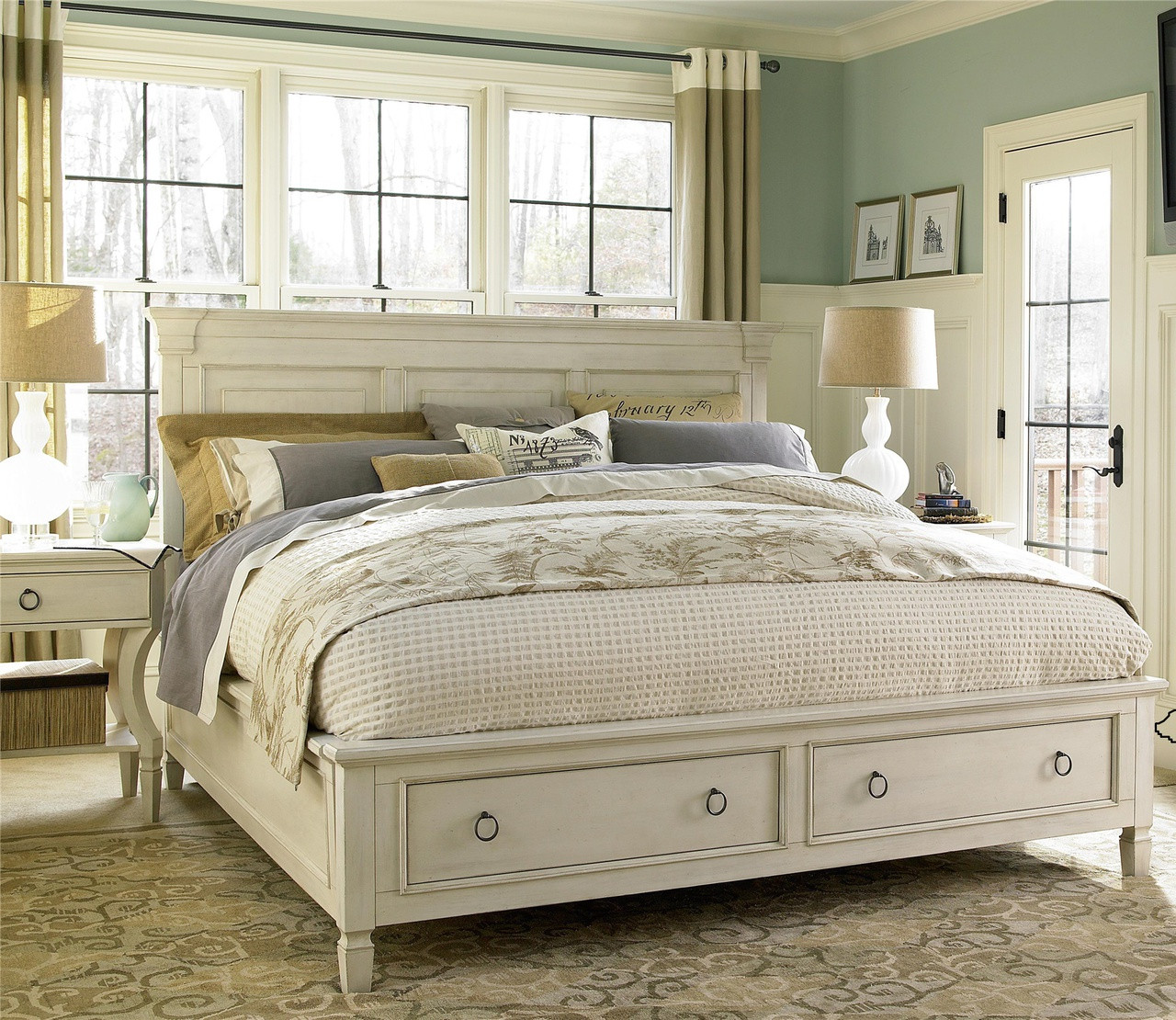 Country-Chic Wood Queen Size White Storage Bed | Zin Home