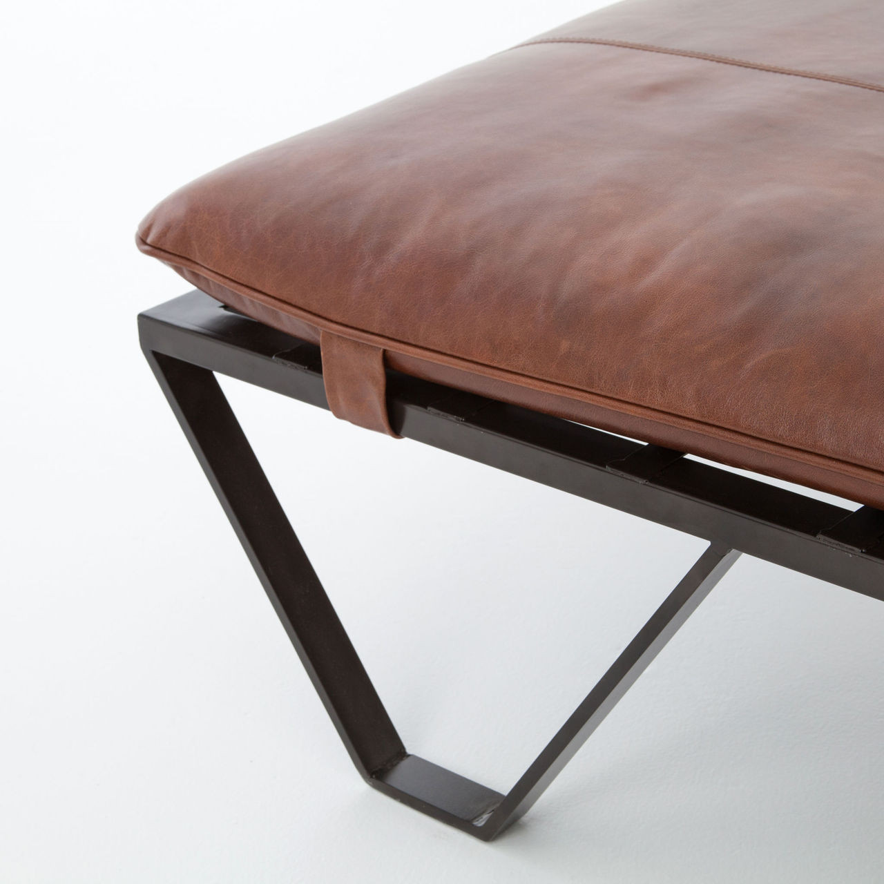 Darrow Tan Leather Ottoman with Geometric Metal Legs Zin Home