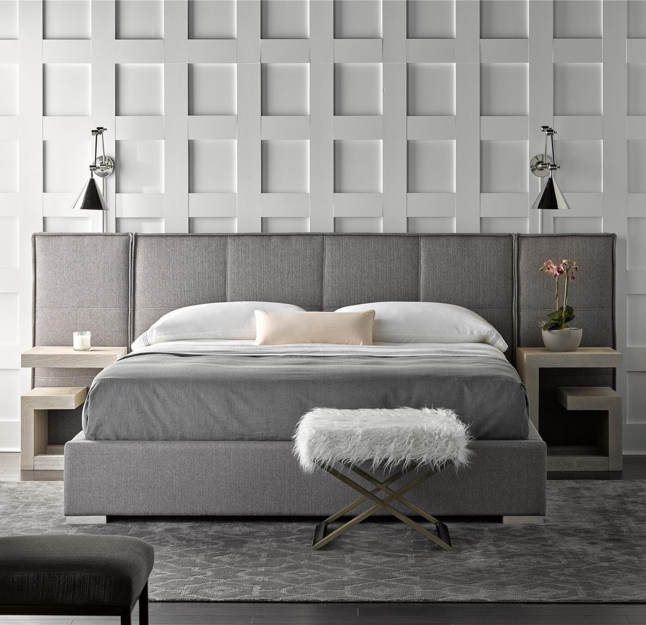 Connery Modern Gray Fabric Upholstered Extended Headboard King Platform Bed
