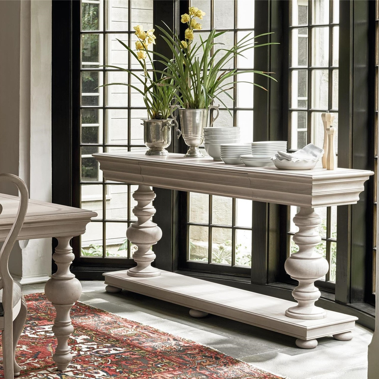 Belgian Cottage Balustrade Console Table Antiqued White Zin Home