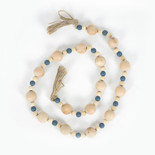 35" X 1" X 1" Wood Bead Garland With Tassels, Natural/Blue
