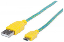 INTELLINET/Manhattan Braided Micro-USB Cable 1 m (3 ft.), Teal/Yellow, Part# 352710